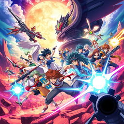 Create a vibrant and dynamic anime poster featuring a group of diverse characters in an epic battle scene