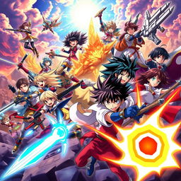 Create a vibrant and dynamic anime poster featuring a group of diverse characters in an epic battle scene