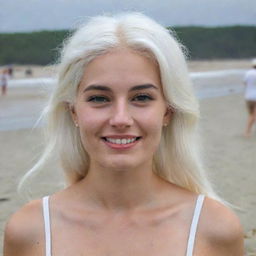 Full-length interior photo of a 30-year-old girl with white hair at a beach party, showcasing long square proportional facial features, a small smooth nose, cheek dimples, bow lips, thin cheeks and cheekbones, large black eyebrows, smooth medium green eyes, and swarthy skin