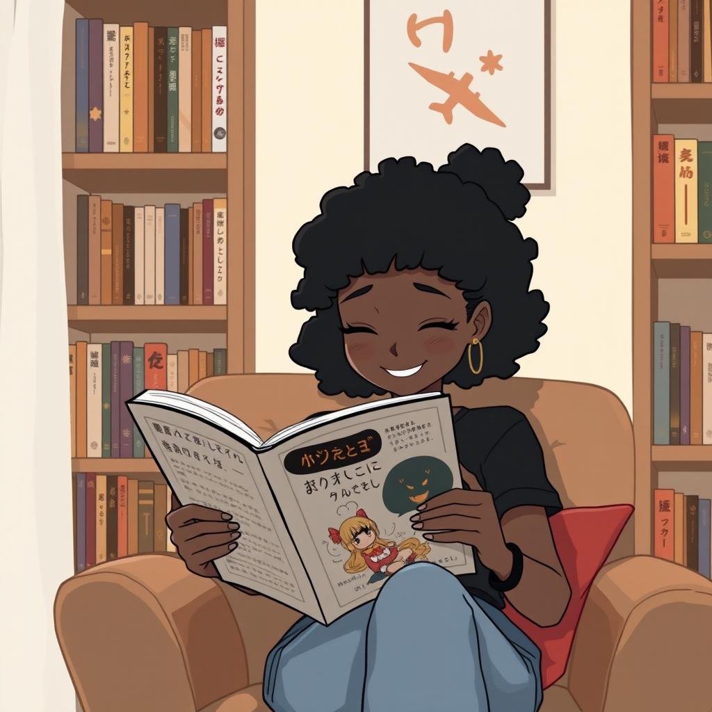 Create an image of a black girl sitting in a comfortable chair reading manga