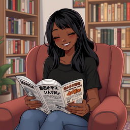 Create an image of a black girl sitting in a comfortable chair reading manga