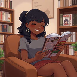 Create an image of a black girl sitting in a comfortable chair reading manga