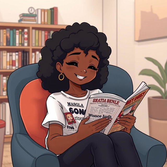 Create an image of a black girl sitting in a comfortable chair reading manga