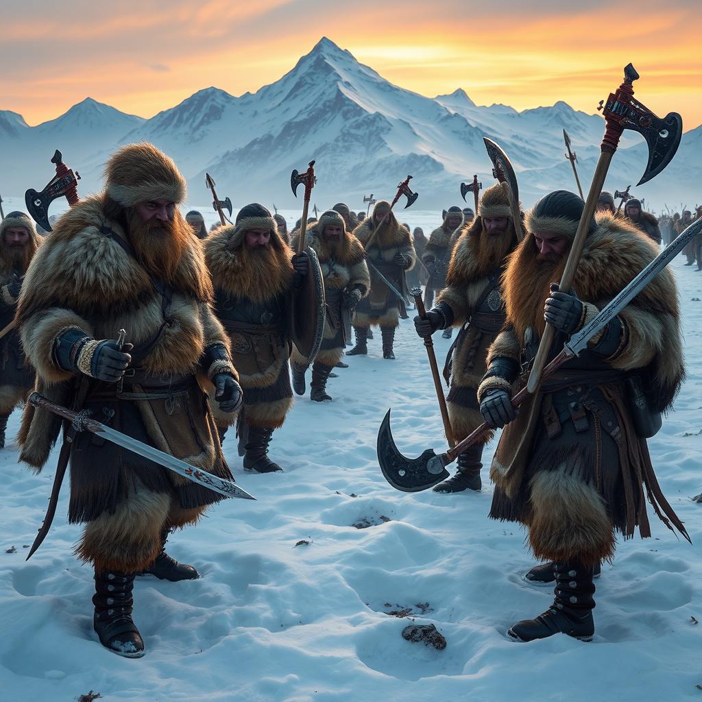 A fierce barbarian tribe in the northern tundra, with warriors clad in fur and leather armor, wielding axes and swords