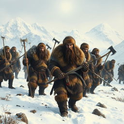 A fierce barbarian tribe in the northern tundra, with warriors clad in fur and leather armor, wielding axes and swords