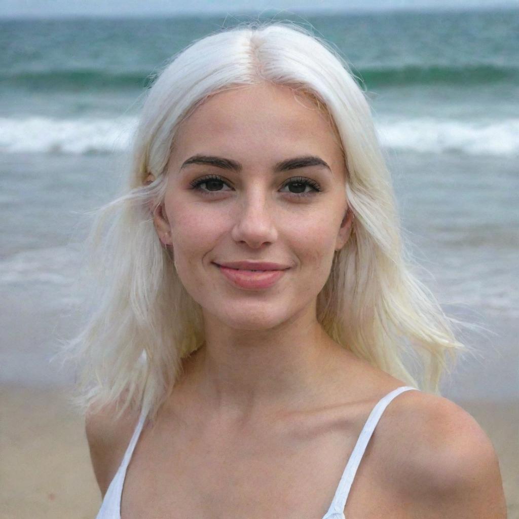 Full-length interior photo of a 30-year-old girl with white hair at a beach party, showcasing long square proportional facial features, a small smooth nose, cheek dimples, bow lips, thin cheeks and cheekbones, large black eyebrows, smooth medium green eyes, and swarthy skin