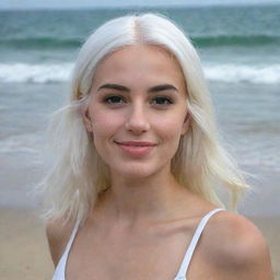 Full-length interior photo of a 30-year-old girl with white hair at a beach party, showcasing long square proportional facial features, a small smooth nose, cheek dimples, bow lips, thin cheeks and cheekbones, large black eyebrows, smooth medium green eyes, and swarthy skin