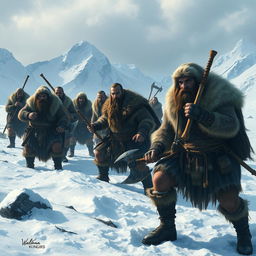 A fierce barbarian tribe in the northern tundra, with warriors clad in fur and leather armor, wielding axes and swords