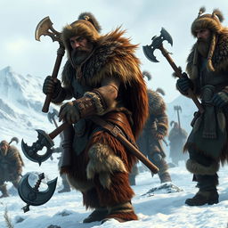 A fierce barbarian tribe in the northern tundra, with warriors clad in fur and leather armor, wielding axes and swords