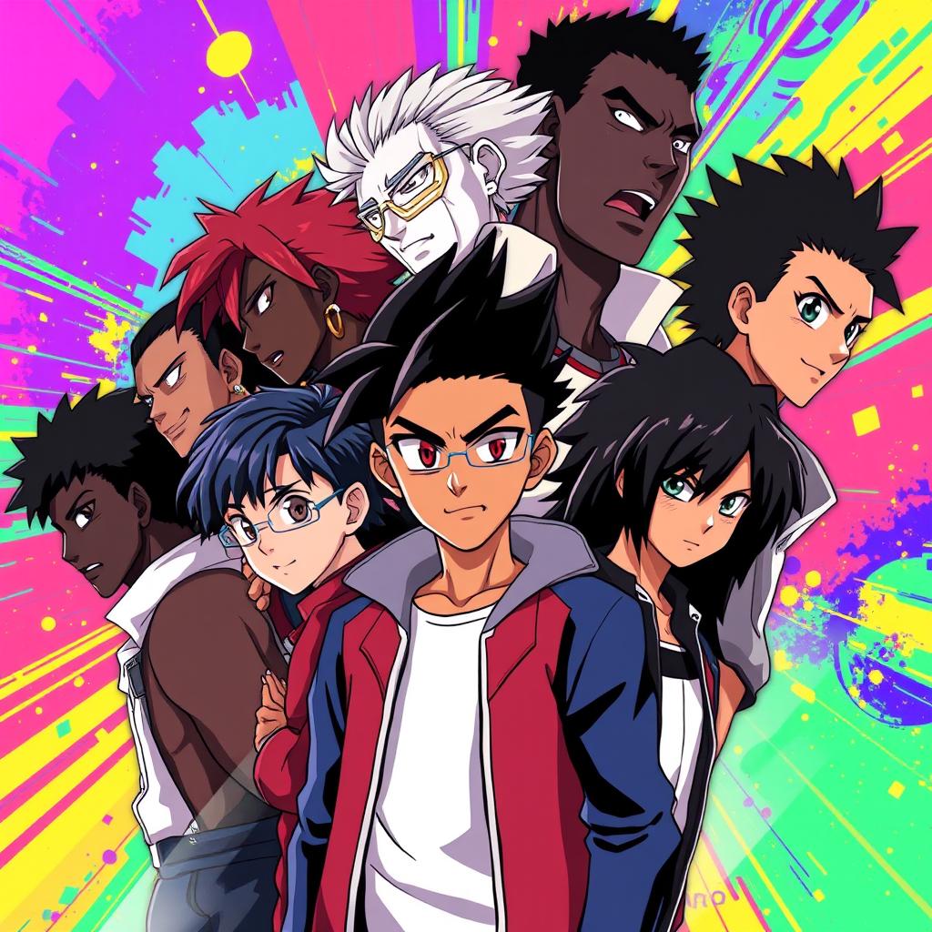 Create an anime-style poster featuring black characters