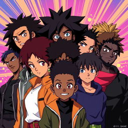 Create an anime-style poster featuring black characters