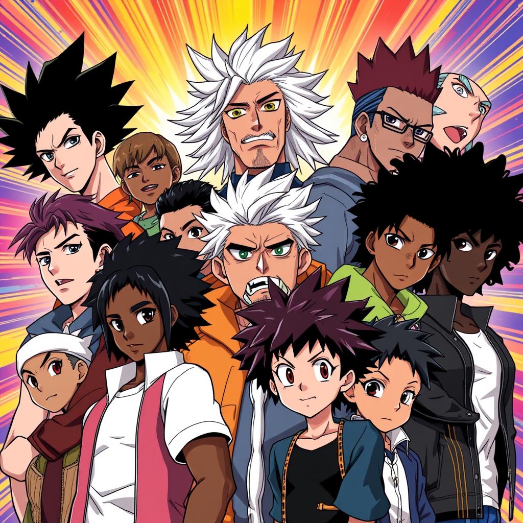 Create an anime-style poster featuring black characters