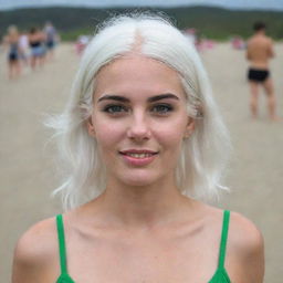 Full-length interior photo of a 30-year-old girl with white hair at a beach party, showcasing long square proportional facial features, a small smooth nose, cheek dimples, bow lips, thin cheeks and cheekbones, large black eyebrows, smooth medium green eyes, and swarthy skin