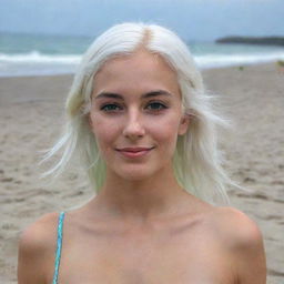 Full-length interior photo of a 30-year-old girl with white hair at a beach party, showcasing long square proportional facial features, a small smooth nose, cheek dimples, bow lips, thin cheeks and cheekbones, large black eyebrows, smooth medium green eyes, and swarthy skin