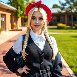 A gorgeous and busty white blonde schoolgirl in a stylish school uniform, posing confidently