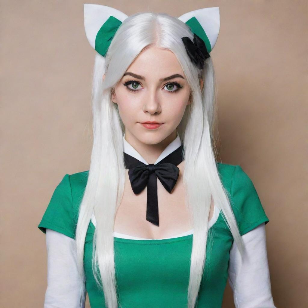 Full-length interior photo of a 30-year-old girl with white hair dressed in cosplay, featuring long square proportional facial features, a small smooth nose, cheek dimples, bow lips, thin cheeks and cheekbones, large black eyebrows, smooth medium green eyes, and swarthy skin