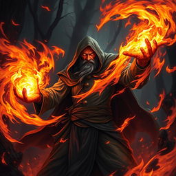 A powerful mage casting the 'Blaze of Wrath' spell, surrounded by swirling flames and intense heat