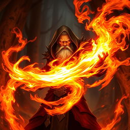 A powerful mage casting the 'Blaze of Wrath' spell, surrounded by swirling flames and intense heat