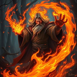 A powerful mage casting the 'Blaze of Wrath' spell, surrounded by swirling flames and intense heat