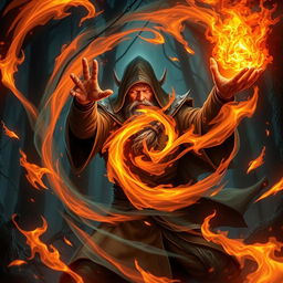 A powerful mage casting the 'Blaze of Wrath' spell, surrounded by swirling flames and intense heat