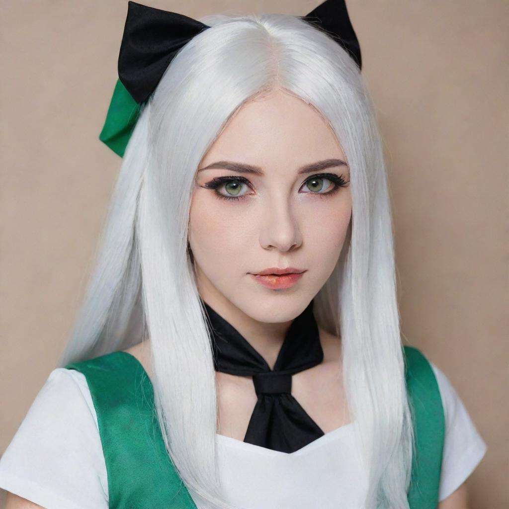 Full-length interior photo of a 30-year-old girl with white hair dressed in cosplay, featuring long square proportional facial features, a small smooth nose, cheek dimples, bow lips, thin cheeks and cheekbones, large black eyebrows, smooth medium green eyes, and swarthy skin