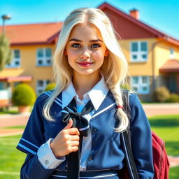 A beautiful and confident white blonde schoolgirl with a stylish school uniform, posing in a vibrant and sunny schoolyard