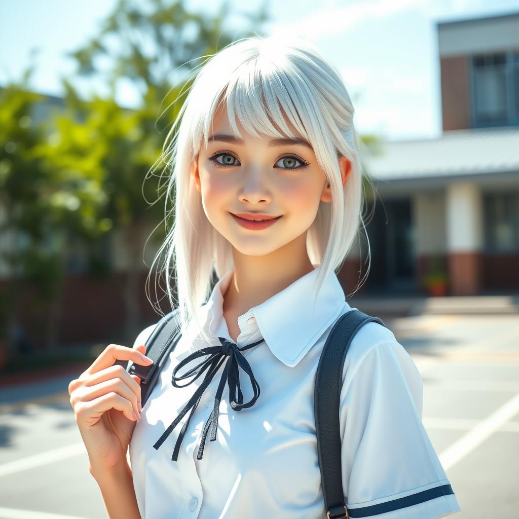 A beautiful and confident white schoolgirl with silver hair, wearing a stylish school uniform