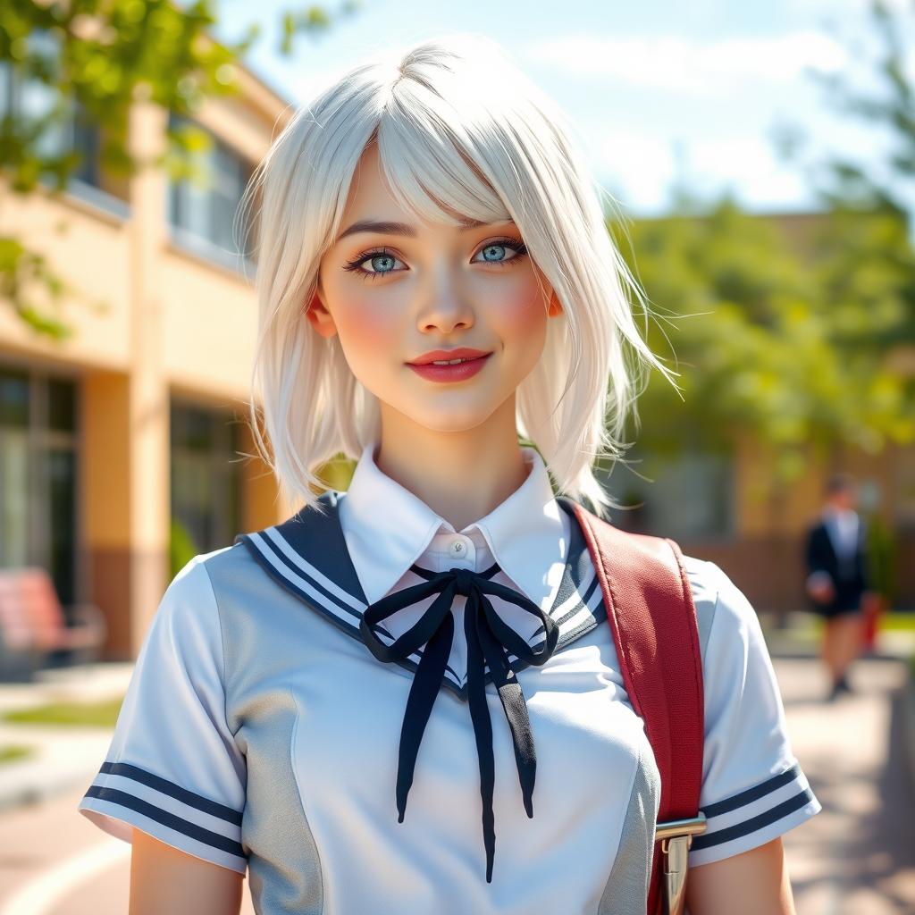 A beautiful and confident white schoolgirl with silver hair, wearing a stylish school uniform