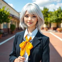 A beautiful and confident white schoolgirl with silver hair, wearing a stylish school uniform