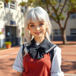 A beautiful and confident white schoolgirl with silver hair, wearing a stylish school uniform