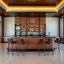 A beautifully designed bar for a villa, featuring elegant brown wood and sleek black accents