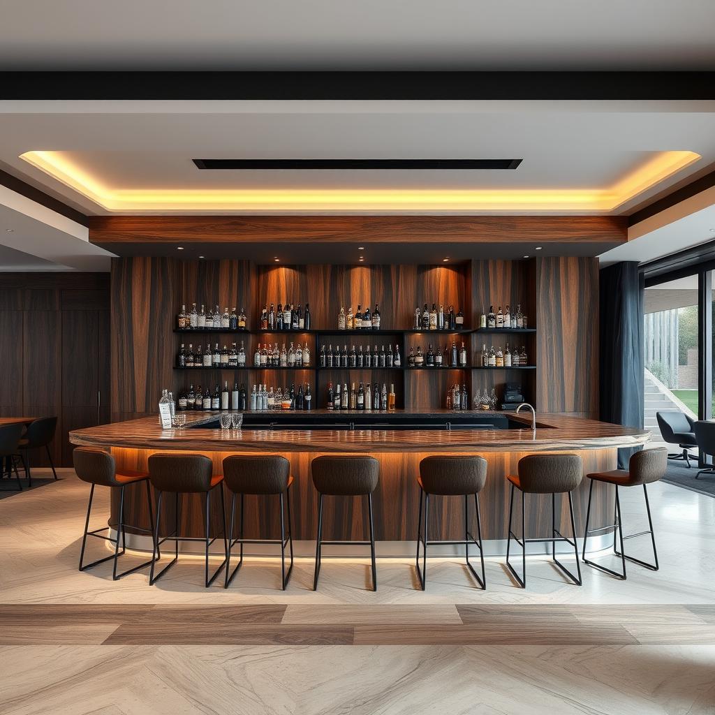 A beautifully designed bar for a villa, featuring elegant brown wood and sleek black accents