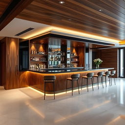 A beautifully designed bar for a villa, featuring elegant brown wood and sleek black accents