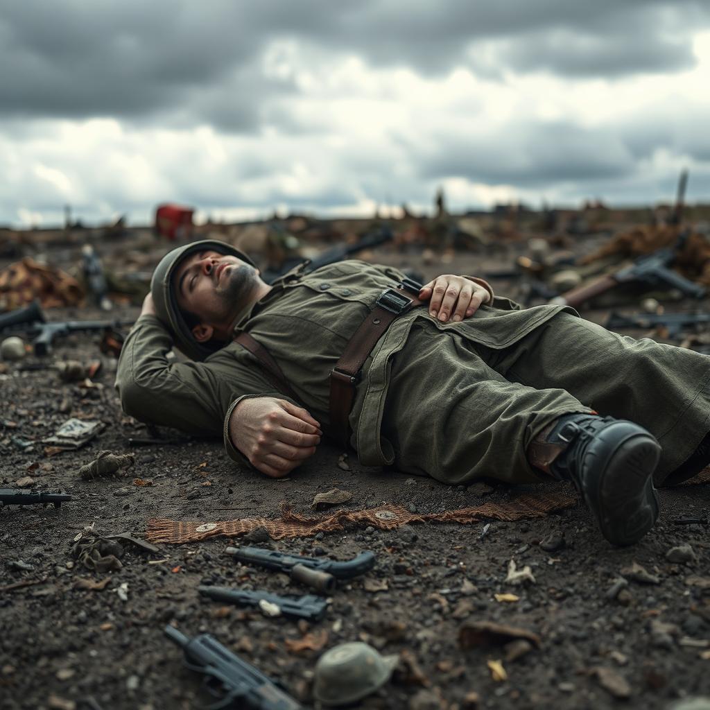 A fallen soldier lying on a battlefield, with a somber and respectful atmosphere