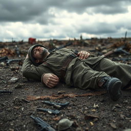 A fallen soldier lying on a battlefield, with a somber and respectful atmosphere