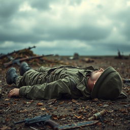 A fallen soldier lying on a battlefield, with a somber and respectful atmosphere