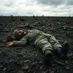 A fallen soldier lying on a battlefield, with a somber and respectful atmosphere