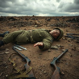 A fallen soldier lying on a battlefield, with a somber and respectful atmosphere