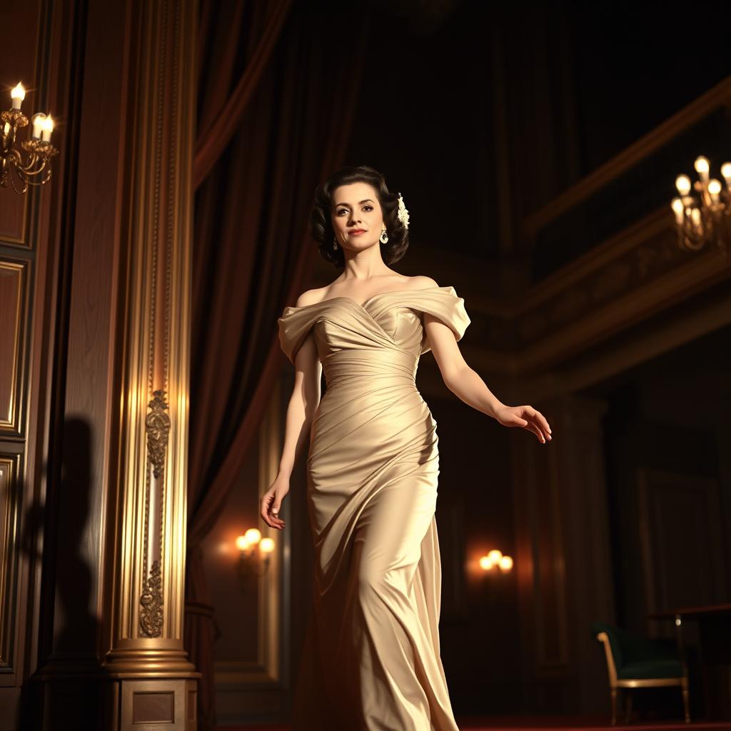 A classic scene of an actress making a grand entrance, wearing an elegant, vintage dress