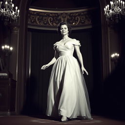 A classic scene of an actress making a grand entrance, wearing an elegant, vintage dress