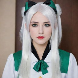 Full-length interior photo of a 30-year-old girl with white hair dressed in cosplay, featuring long square proportional facial features, a small smooth nose, cheek dimples, bow lips, thin cheeks and cheekbones, large black eyebrows, smooth medium green eyes, and swarthy skin