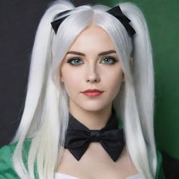 Full-length interior photo of a 30-year-old girl with white hair in cosplay attire, featuring long square proportional facial features, a small smooth nose, dimples in her cheeks, bow lips, thin cheeks and cheekbones, large black eyebrows, smooth medium green eyes, and swarthy skin