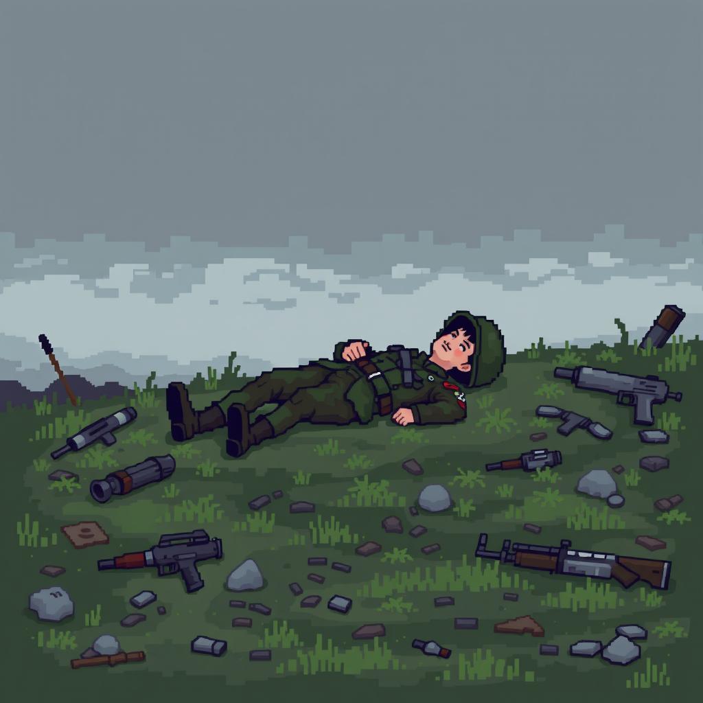 A fallen soldier lying on a battlefield in a 2D pixel art video game style