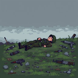 A fallen soldier lying on a battlefield in a 2D pixel art video game style