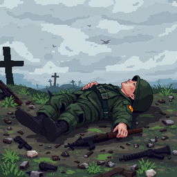 A fallen soldier lying on a battlefield in a 2D pixel art video game style