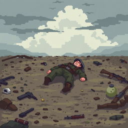 A fallen soldier lying on a battlefield in a 2D pixel art video game style