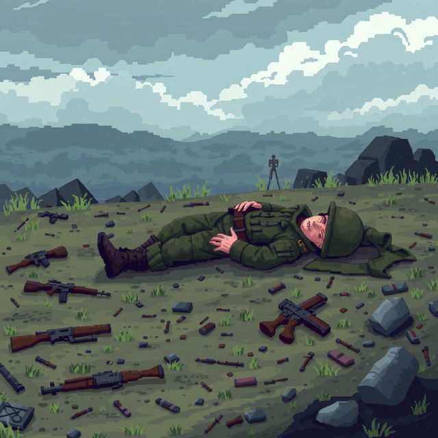 A fallen soldier lying on a battlefield in a 2D pixel art video game style