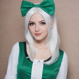 Full-length interior photo of a 30-year-old girl with white hair in cosplay attire, featuring long square proportional facial features, a small smooth nose, dimples in her cheeks, bow lips, thin cheeks and cheekbones, large black eyebrows, smooth medium green eyes, and swarthy skin