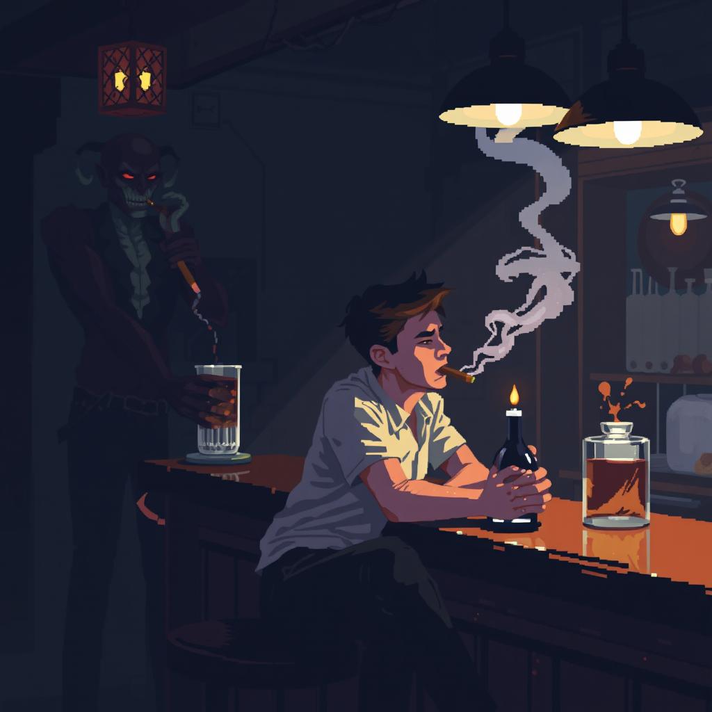 Pixel art de un chico sentado en la barra de una taberna, fumando un cigarro con el humo saliendo