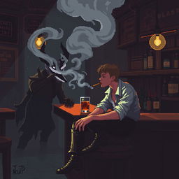 Pixel art de un chico sentado en la barra de una taberna, fumando un cigarro con el humo saliendo